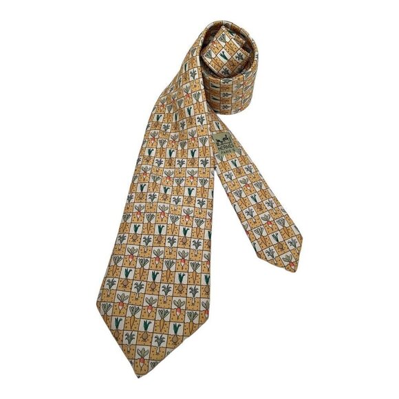 HERMÈS Yellow Coral Vegetables Print Luxury Silk Tie Made In France W: 3.5" EX C - Picture 1 of 8